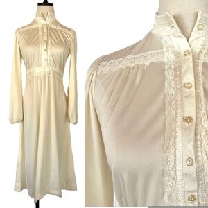 Vintage 70's Cream Lace Midi Dress Bow Tie Waist Polyester Girly Coquette Ribbon